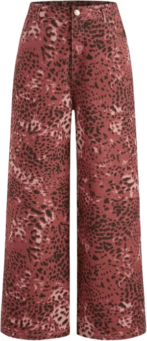 CIDER Denim Mid Waist Leopard Wide Leg Pants