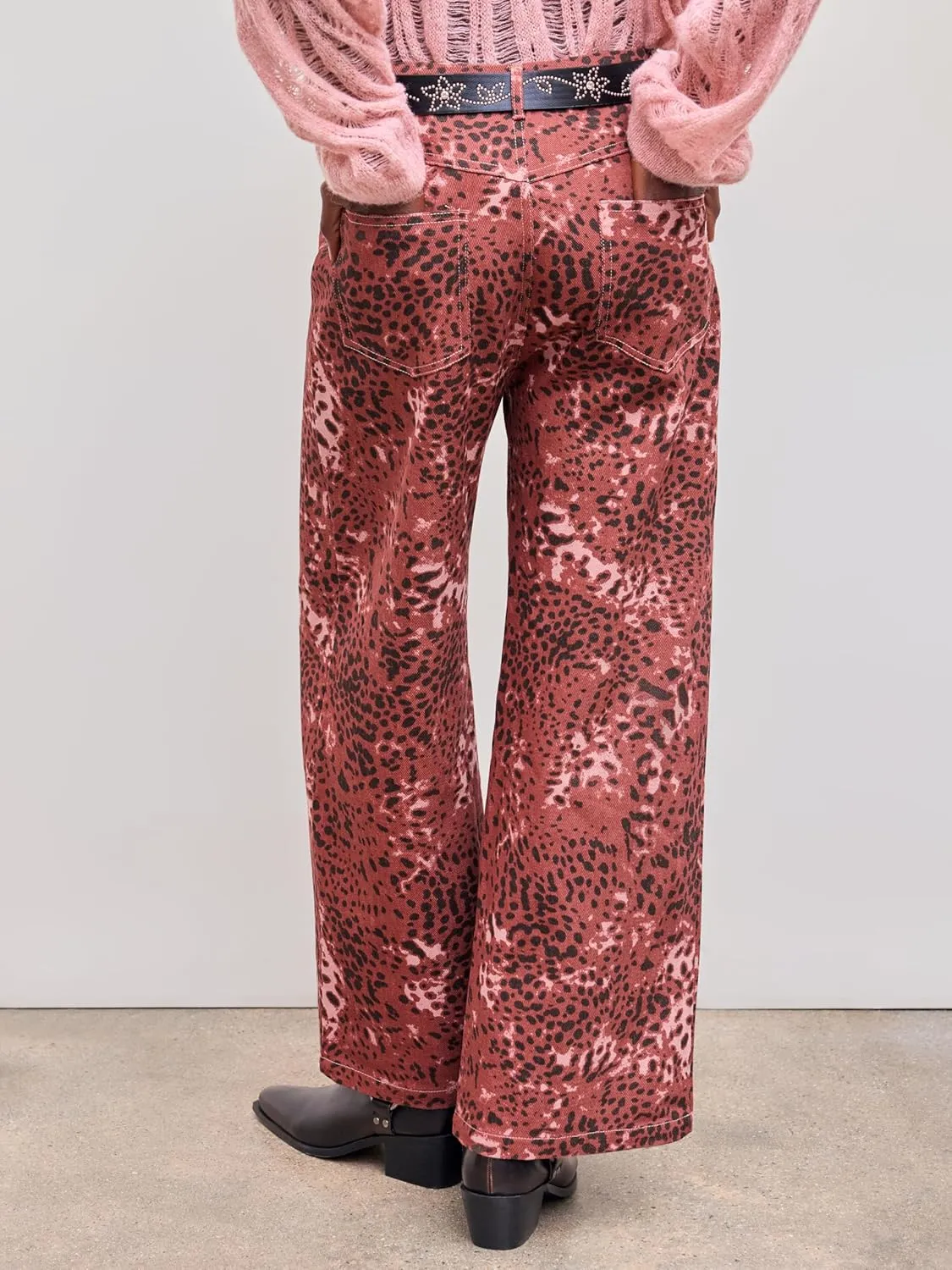 CIDER Denim Mid Waist Leopard Wide Leg Pants