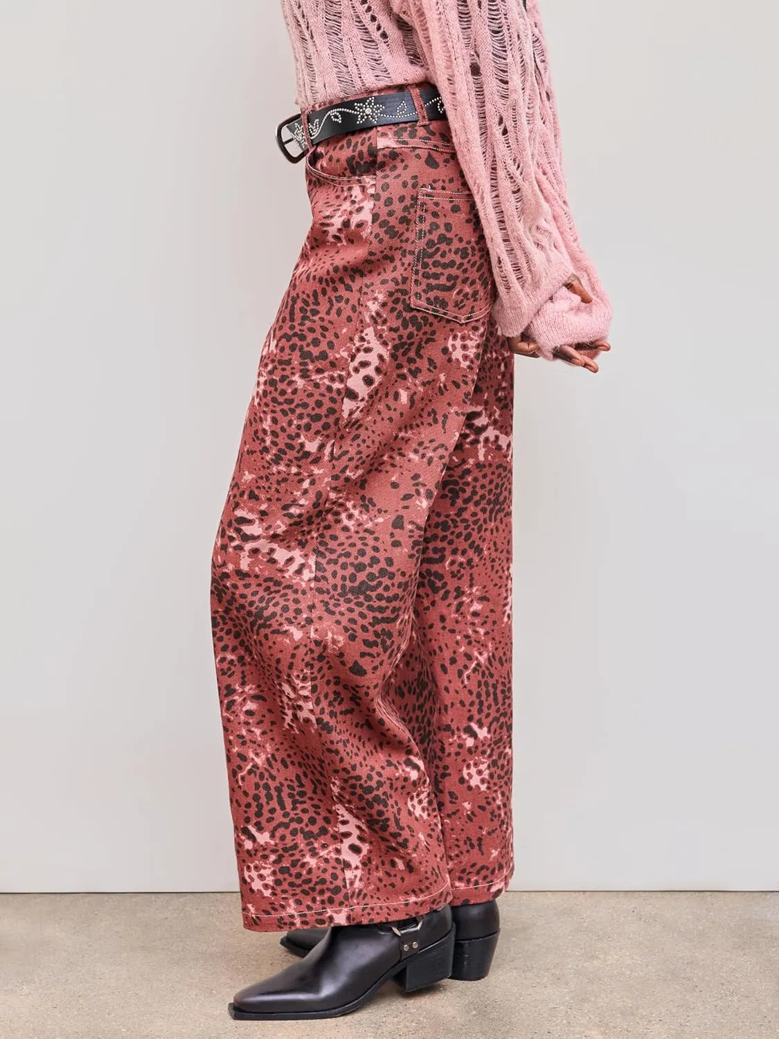 CIDER Denim Mid Waist Leopard Wide Leg Pants