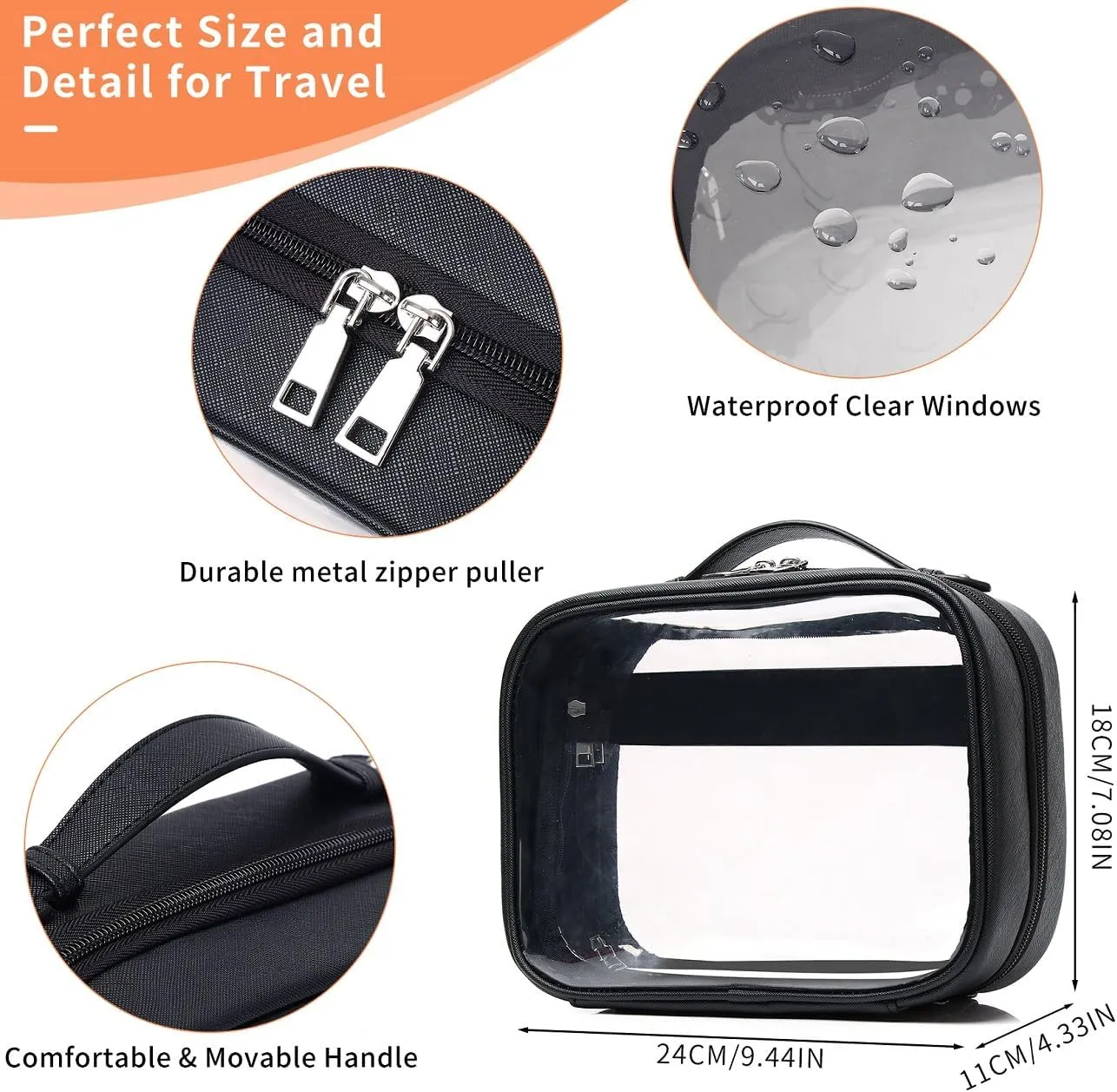 Clear Traveling Toiletry Bag TSA Approved large clear cosmetics case Travel makeup bag Organizer with Zipper for Women (Z/Black, M)