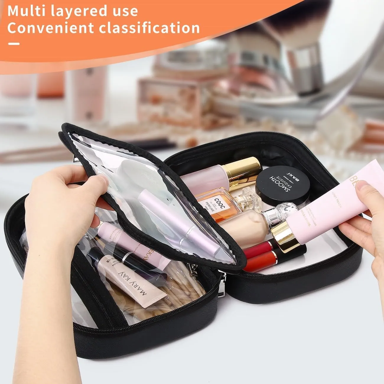 Clear Traveling Toiletry Bag TSA Approved large clear cosmetics case Travel makeup bag Organizer with Zipper for Women (Z/Black, M)