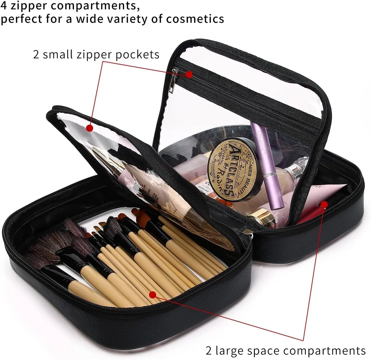 Clear Traveling Toiletry Bag TSA Approved large clear cosmetics case Travel makeup bag Organizer with Zipper for Women (Z/Black, M)