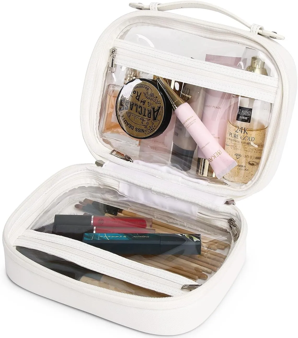 Clear Traveling Toiletry Bag TSA Approved large clear cosmetics case Travel makeup bag Organizer with Zipper for Women (Z/White, M)