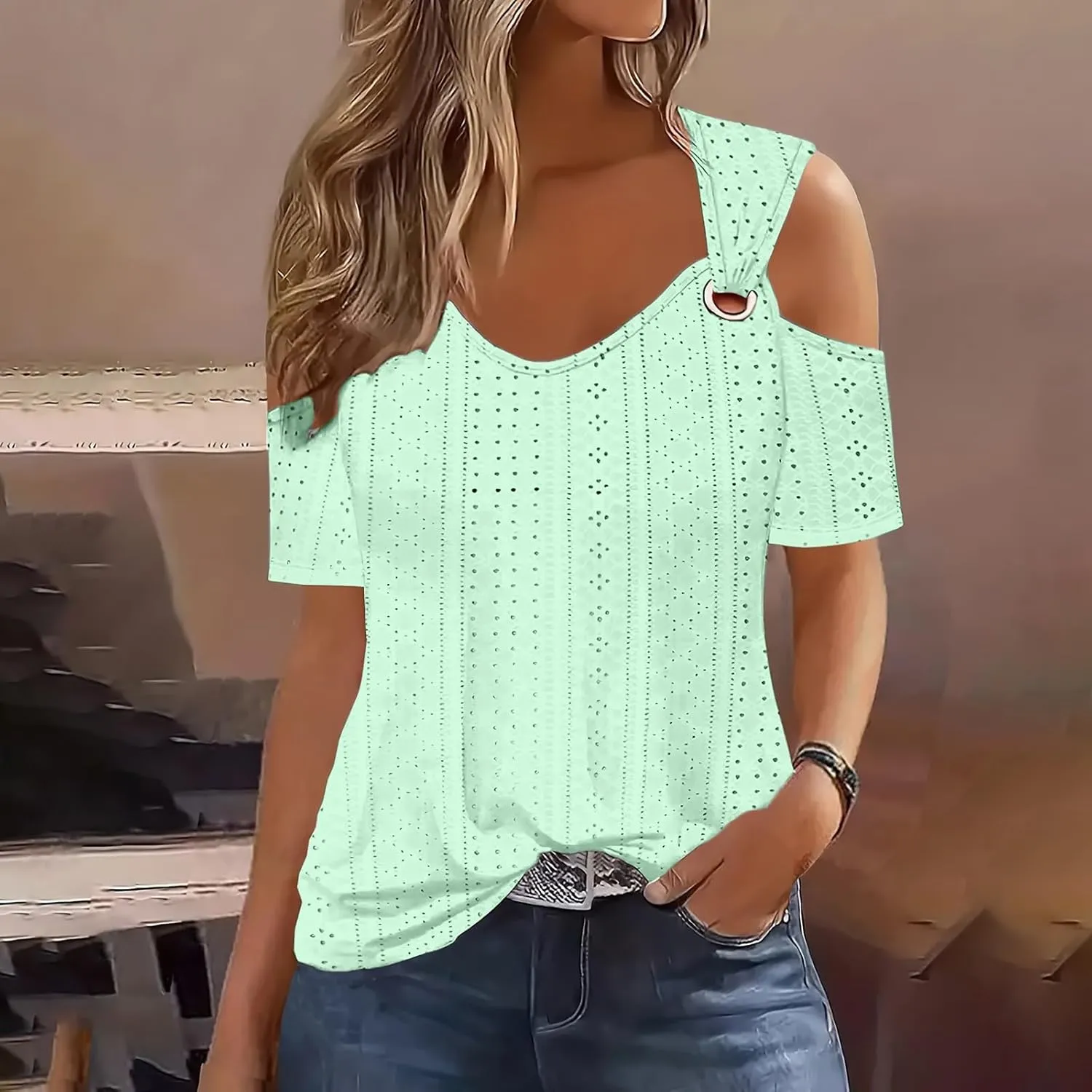 Cold Shoulder Tops for Women 2024 Casual Summer Sexy Eyelet Tunic Shirts Short Sleeve V Neck Boho Blouses