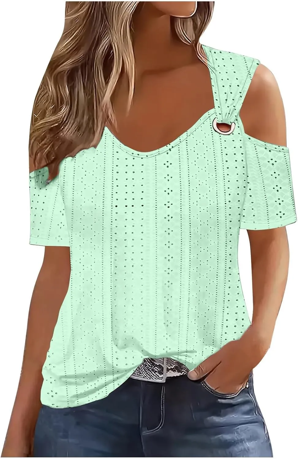 Cold Shoulder Tops for Women 2024 Casual Summer Sexy Eyelet Tunic Shirts Short Sleeve V Neck Boho Blouses