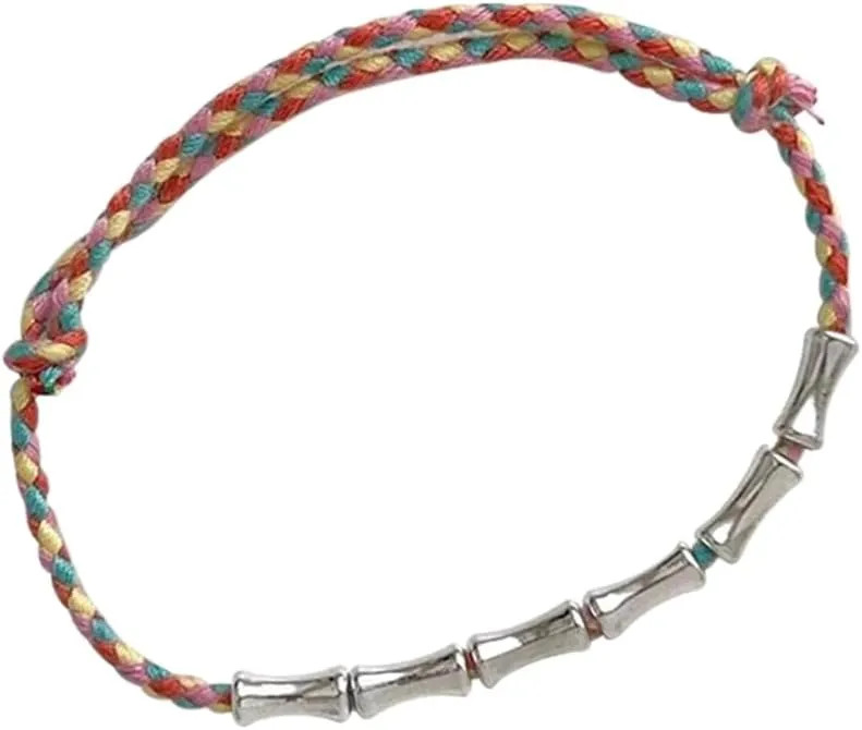 Colorful Braided Wrap Bracelet with Bamboo Joint Bead Stackable Wristband Adjustable Cord Woven Bracelets Summer Jewelry
