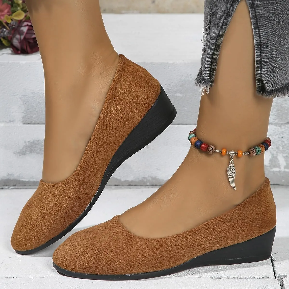 Comfortable, Lightweight, Anti-Slip, Breathable Orthopedic Flat Shoes for Women Elegant Suede Low Heel Wedge Shoes