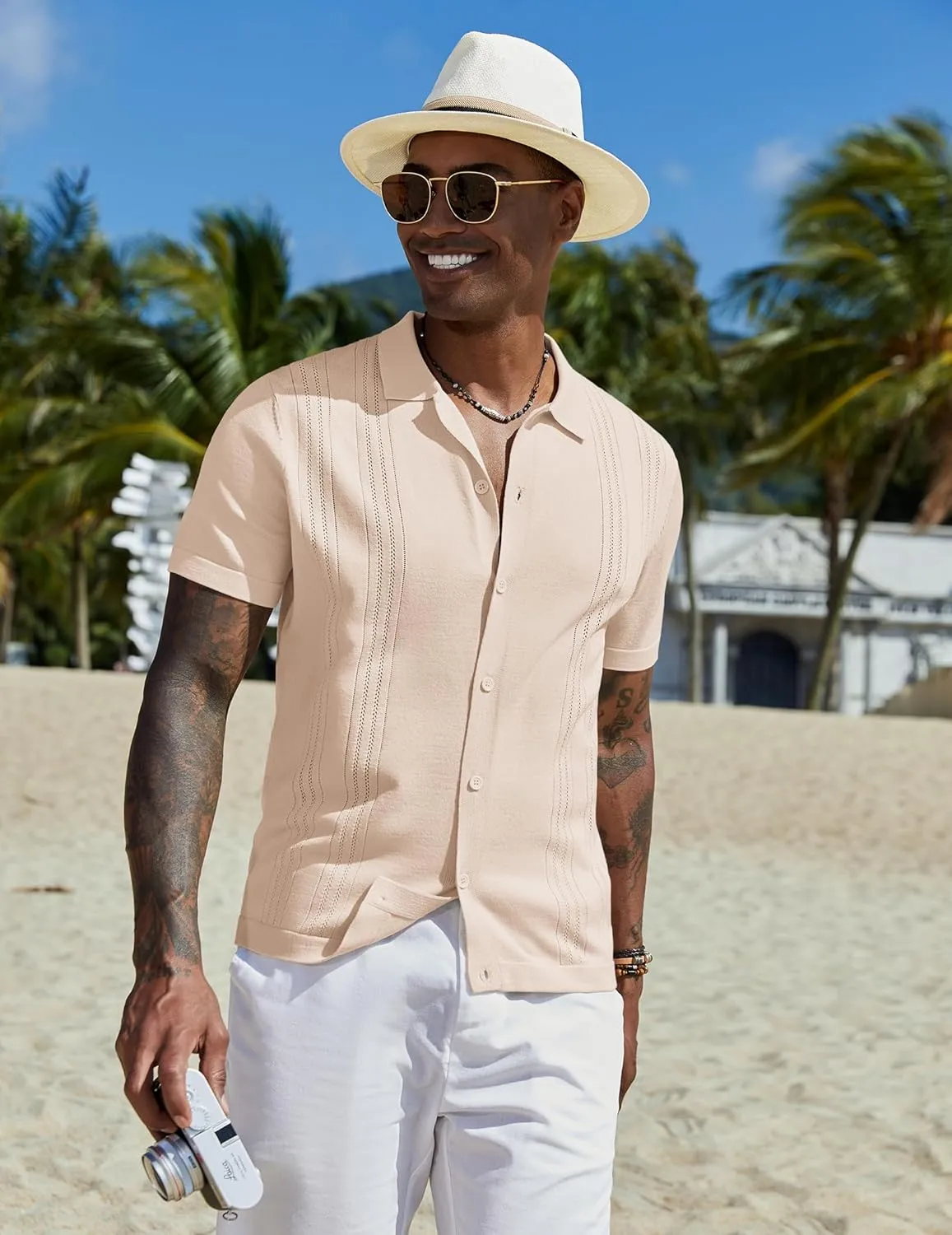 COOFANDY Men's Knit Button Down Shirt Short Sleeve Cuban Guayabera Shirts Casual Textured Polo Summer Tops