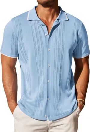COOFANDY Men's Knit Button Down Shirt Vintage Short Sleeve Polo Shirts Casual Beach Tops