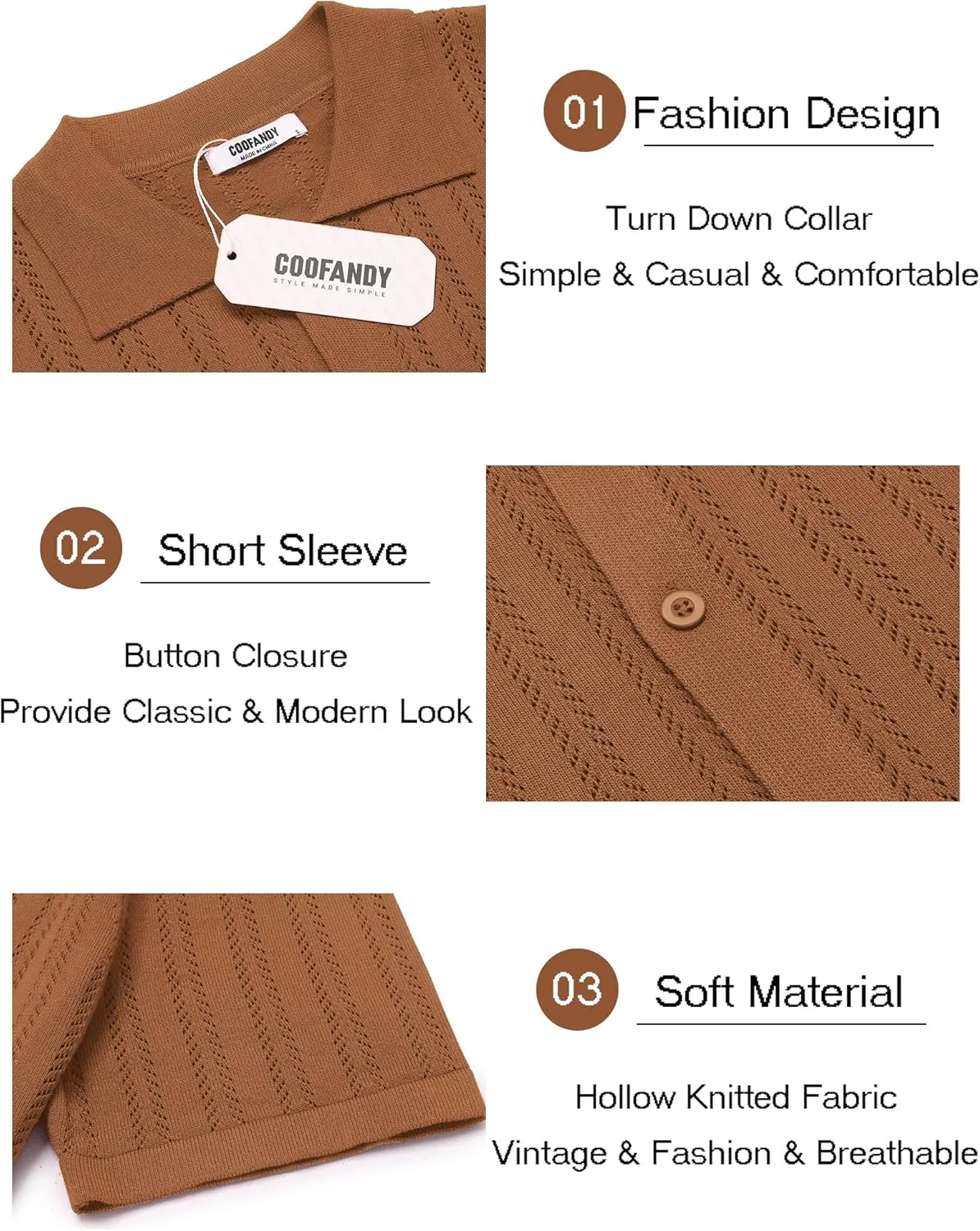 COOFANDY Men's Knit Shirts Short Sleeve Button Down Polo Shirt Crochet Casual Vintage Summer Beach Shirts
