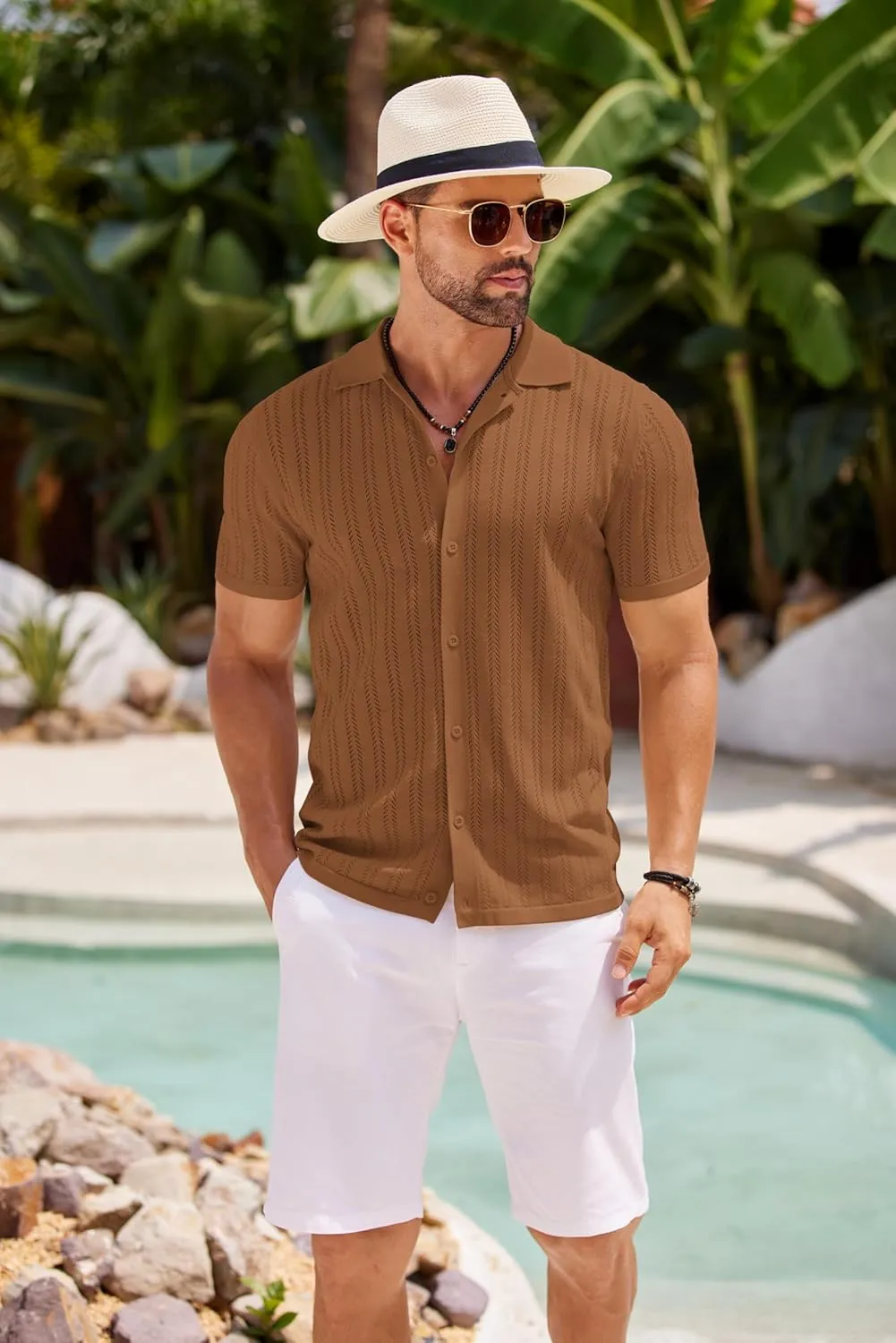 COOFANDY Men's Knit Shirts Short Sleeve Button Down Polo Shirt Crochet Casual Vintage Summer Beach Shirts