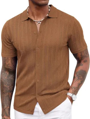 COOFANDY Men's Knit Shirts Short Sleeve Button Down Polo Shirt Crochet Casual Vintage Summer Beach Shirts