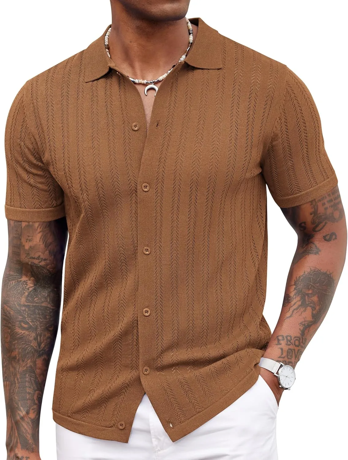 COOFANDY Men's Knit Shirts Short Sleeve Button Down Polo Shirt Crochet Casual Vintage Summer Beach Shirts