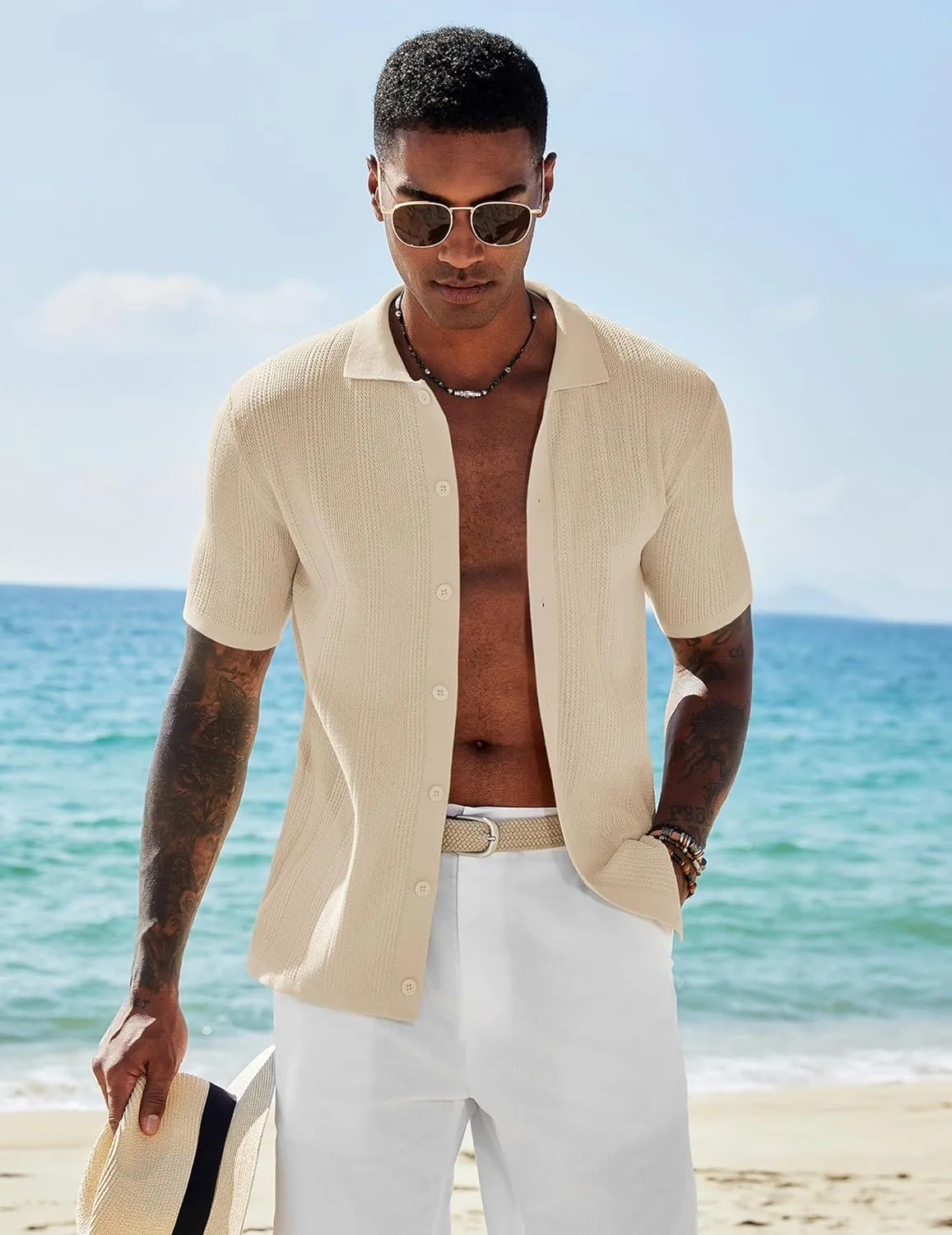 COOFANDY Men's Short Sleeve Knit Shirts Casual Button Down Polo Shirt Fashion Summer Beach Tops