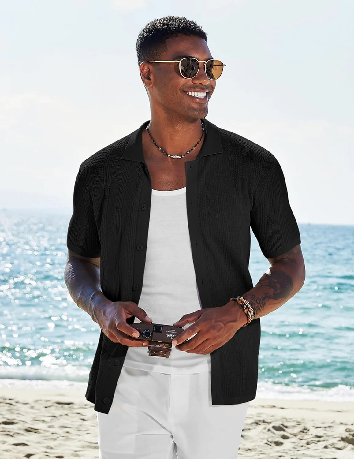 COOFANDY Men's Short Sleeve Knit Shirts Casual Button Down Polo Shirt Fashion Summer Beach Tops