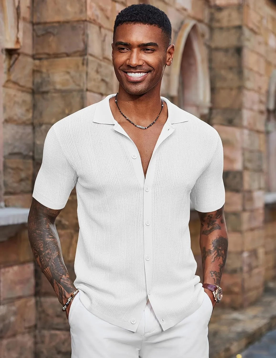 COOFANDY Men's Short Sleeve Knit Shirts Casual Button Down Polo Shirt Fashion Summer Beach Tops