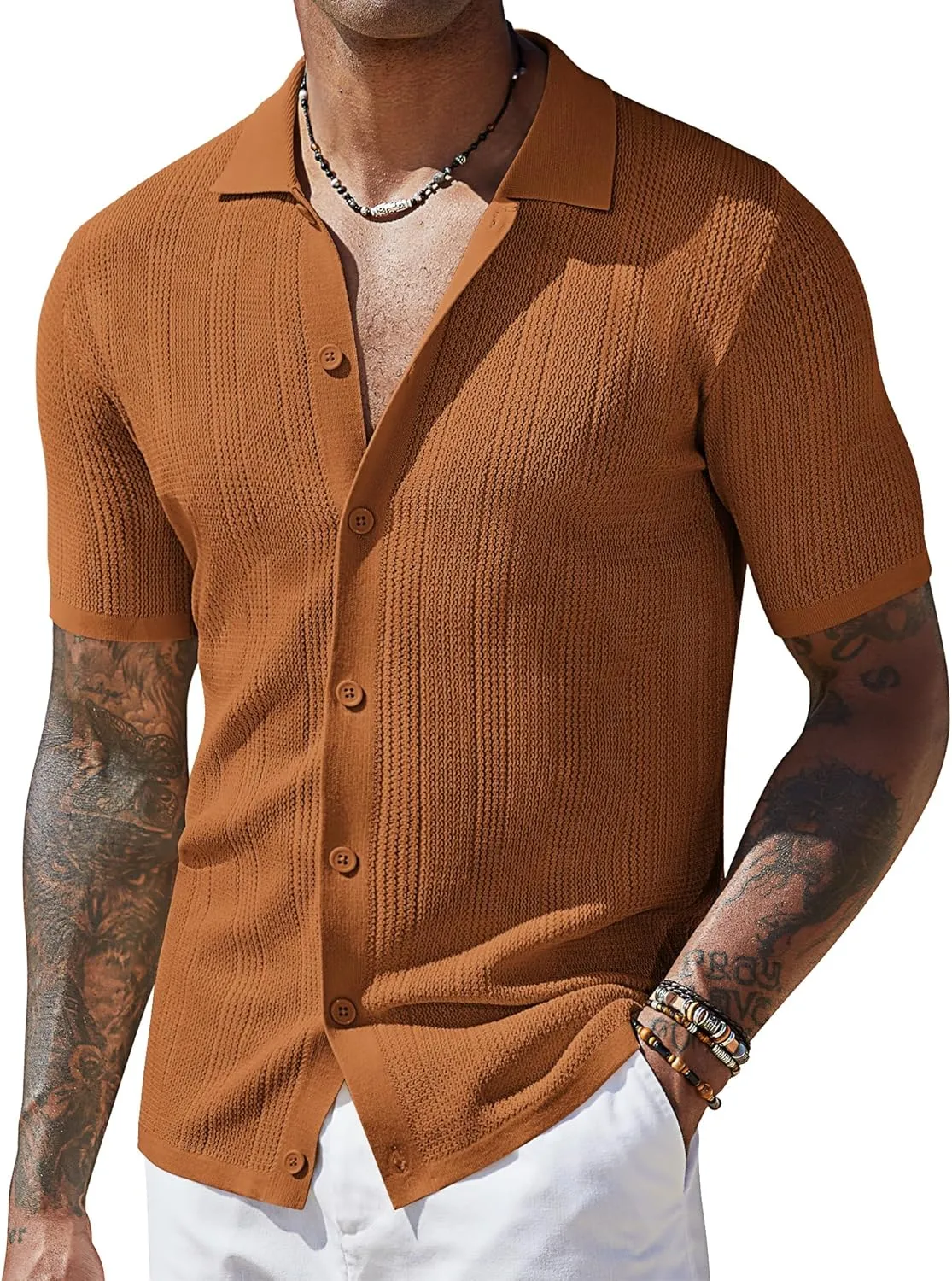 COOFANDY Men's Short Sleeve Knit Shirts Casual Button Down Polo Shirt Fashion Summer Beach Tops