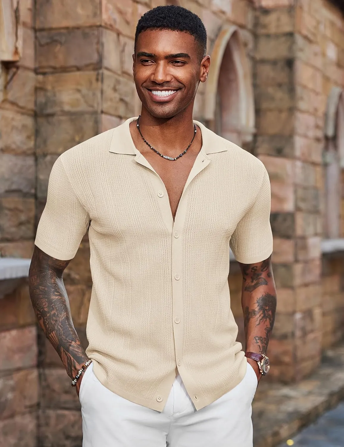 COOFANDY Men's Short Sleeve Knit Shirts Casual Button Down Polo Shirt Fashion Summer Beach Tops