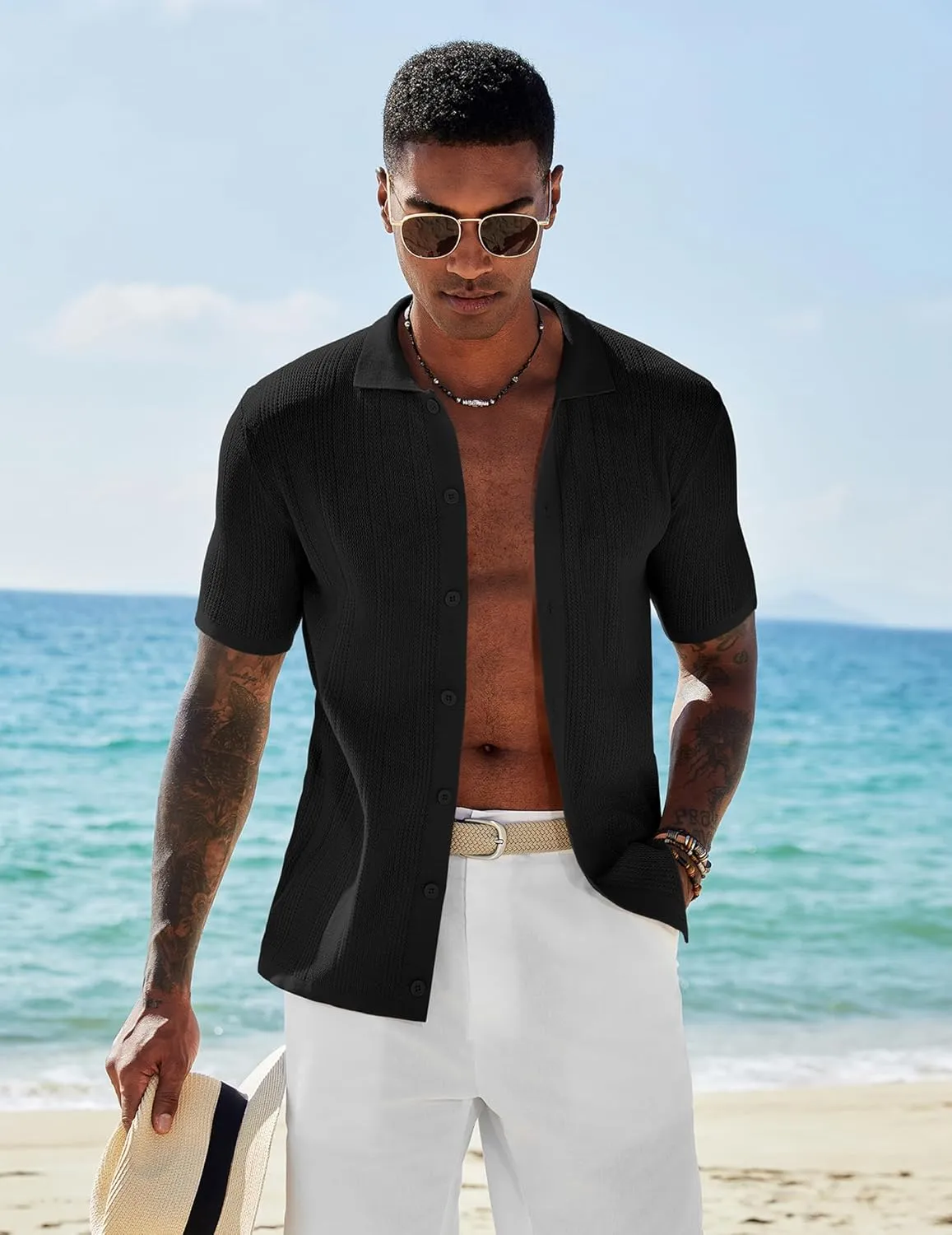 COOFANDY Men's Short Sleeve Knit Shirts Casual Button Down Polo Shirt Fashion Summer Beach Tops