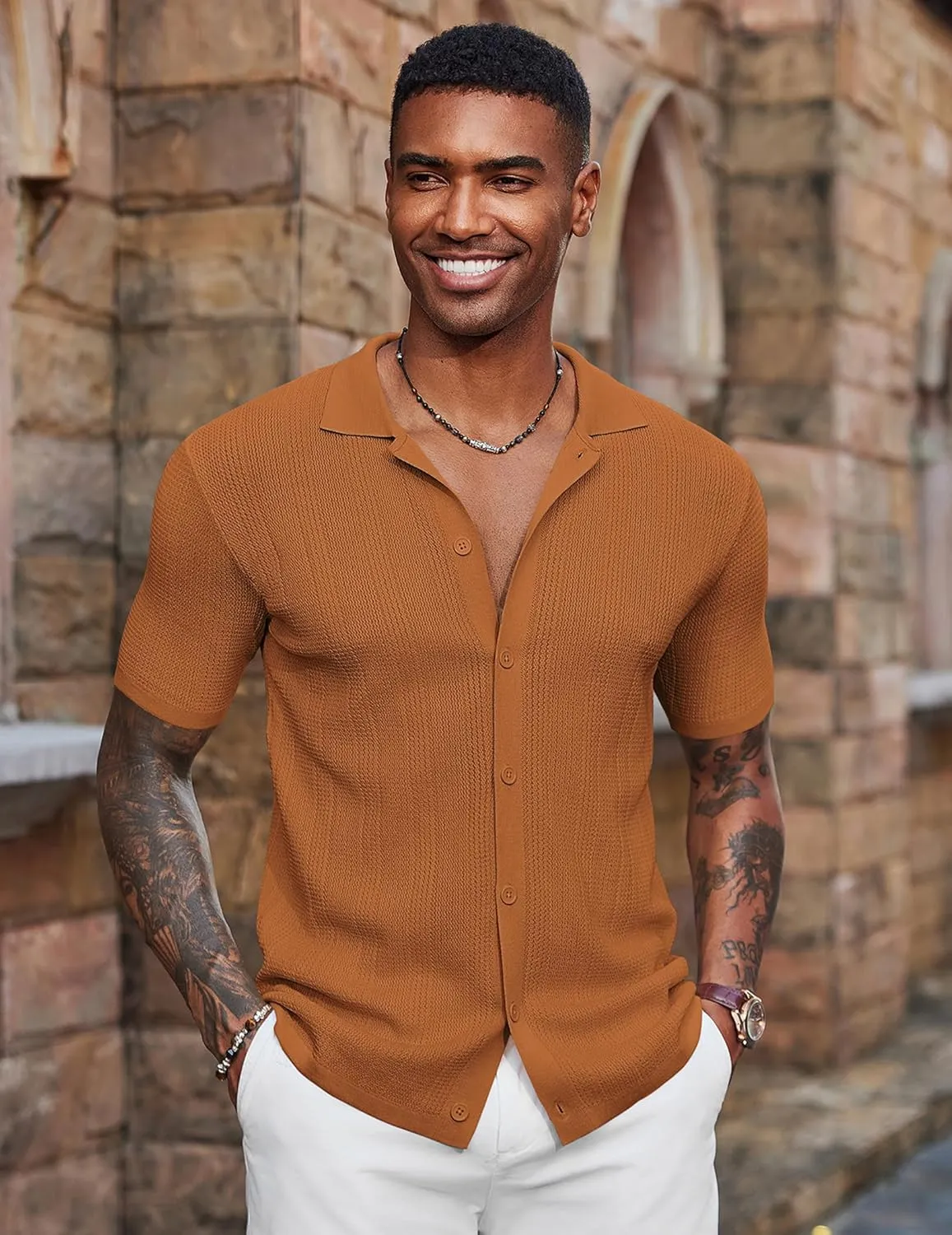 COOFANDY Men's Short Sleeve Knit Shirts Casual Button Down Polo Shirt Fashion Summer Beach Tops