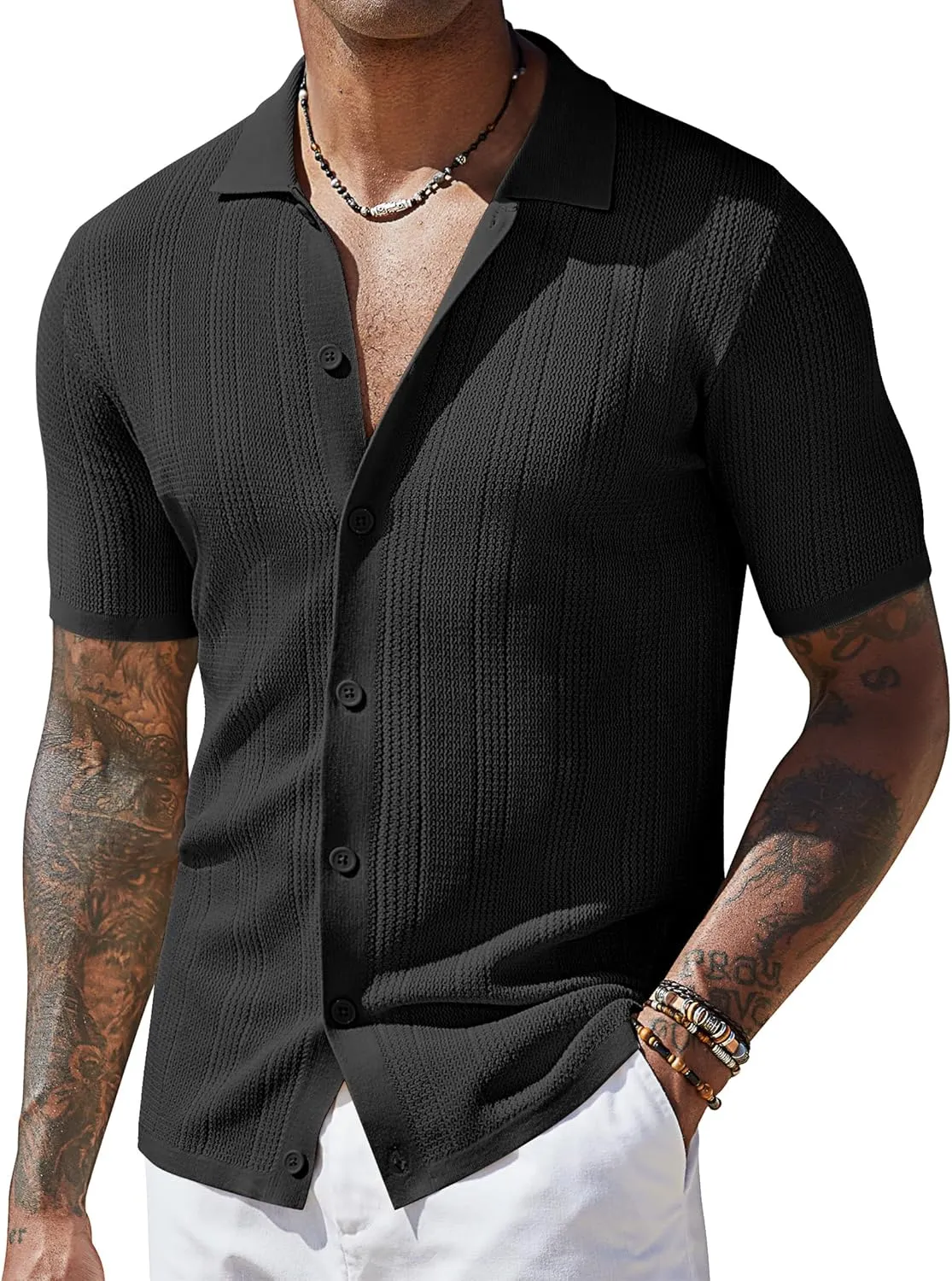 COOFANDY Men's Short Sleeve Knit Shirts Casual Button Down Polo Shirt Fashion Summer Beach Tops