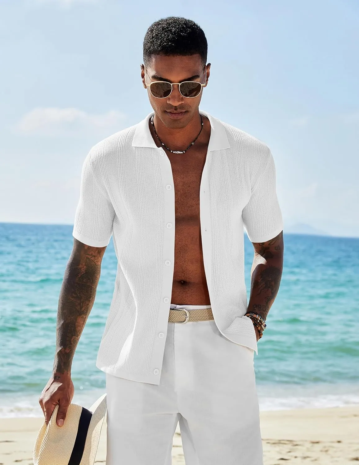 COOFANDY Men's Short Sleeve Knit Shirts Casual Button Down Polo Shirt Fashion Summer Beach Tops