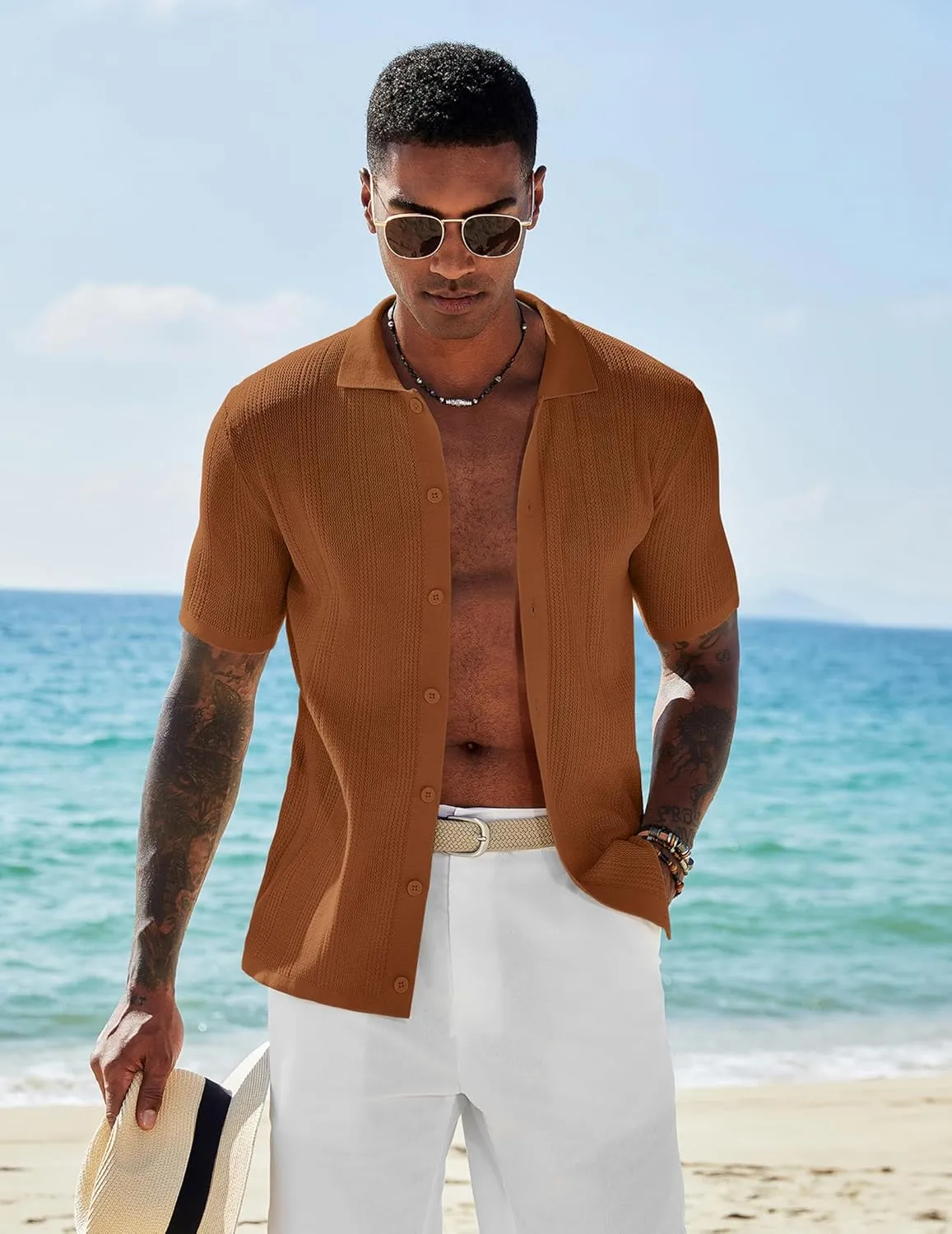 COOFANDY Men's Short Sleeve Knit Shirts Casual Button Down Polo Shirt Fashion Summer Beach Tops