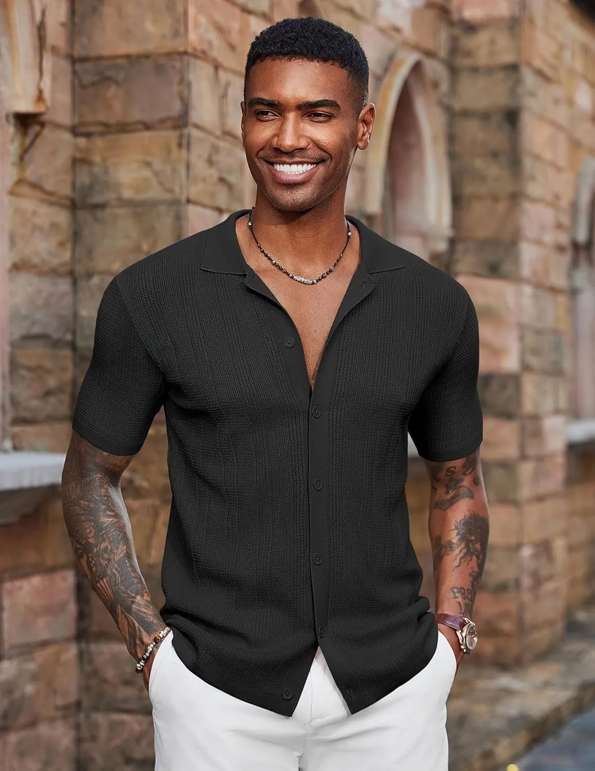 COOFANDY Men's Short Sleeve Knit Shirts Casual Button Down Polo Shirt Fashion Summer Beach Tops