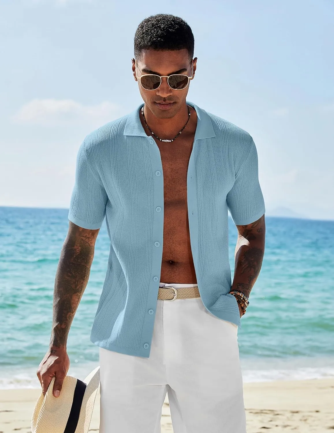 COOFANDY Men's Short Sleeve Knit Shirts Casual Button Down Polo Shirt Fashion Summer Beach Tops