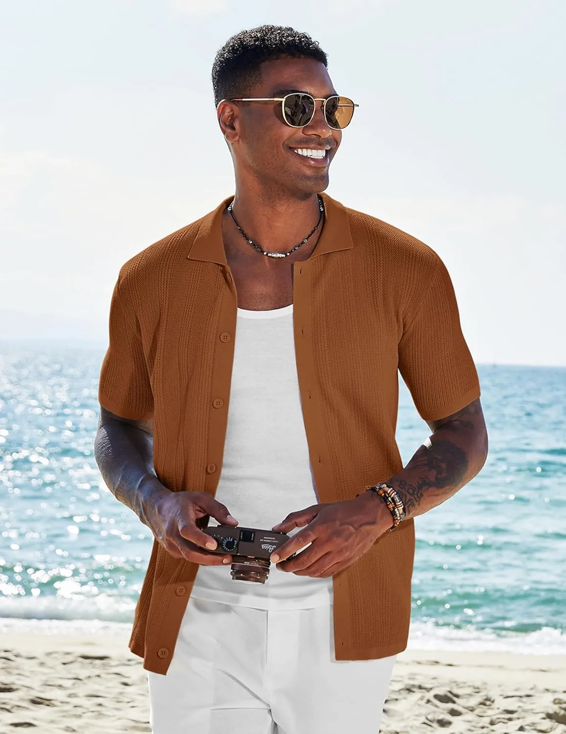 COOFANDY Men's Short Sleeve Knit Shirts Casual Button Down Polo Shirt Fashion Summer Beach Tops