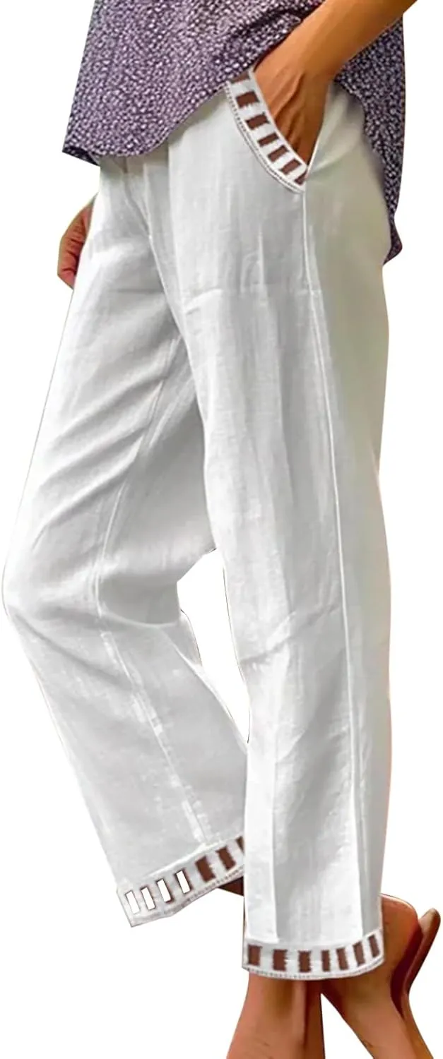 Cotton Linen Casual Pants for Women Trendy Hollow Trim Wide Leg Pants Loose Plain Straight Comfy Elastic High Waist Trousers
