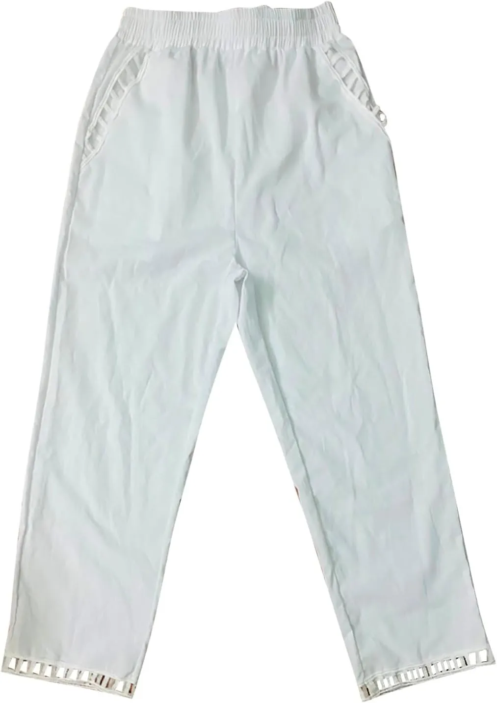 Cotton Linen Casual Pants for Women Trendy Hollow Trim Wide Leg Pants Loose Plain Straight Comfy Elastic High Waist Trousers
