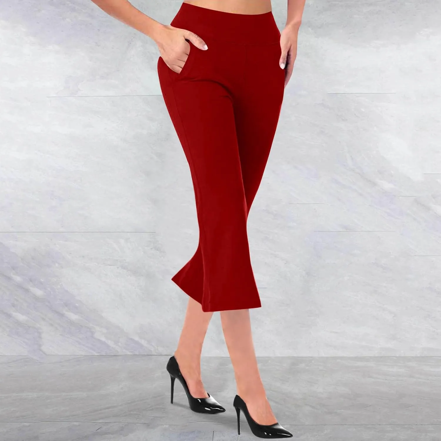 Cropped Trousers for Women Fashion Bell Bottom Pants High Elastic Waist Pants Comfy Pants Travel Pants with Pocket