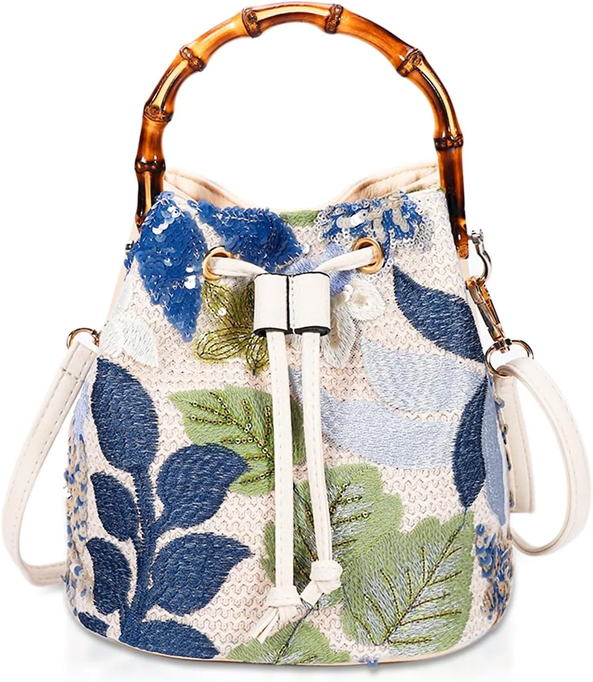 Crossbody Bags for Women, Beach Bag, Hand Embroidered Tot Bag, Natural Bamboo carry handle Bucket bag, Bohemian Handbags for Women Vacation Travel Daily Matching(Blue Flowers)