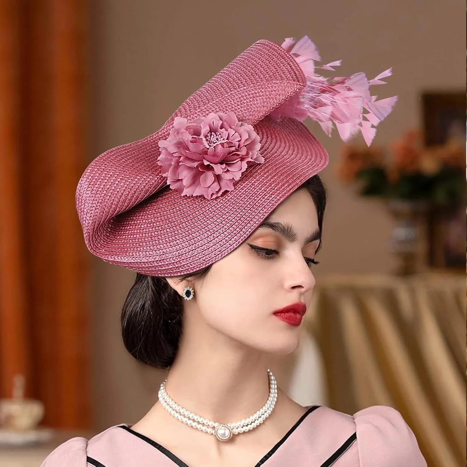 CROWN GUIDE Women's Fascinators Hat - Derby & Tea Party Headpiece with Flower & Feathers, Woven Design for Church, High Tea