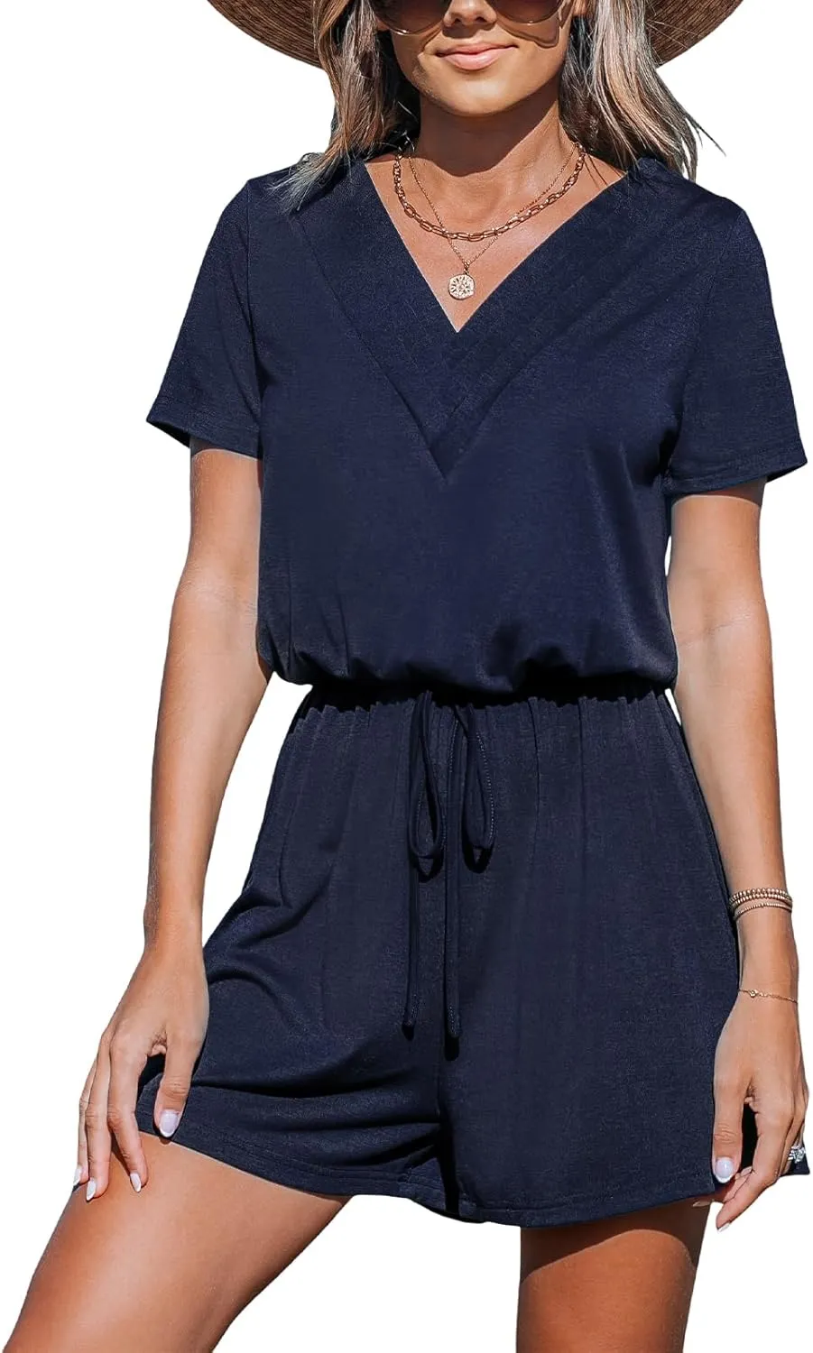 CUPSHE Women's Rompers V Neck Drawstring Jersey Jumpsuits Short Sleeve Overall Wide Leg Outfit Casual Beach