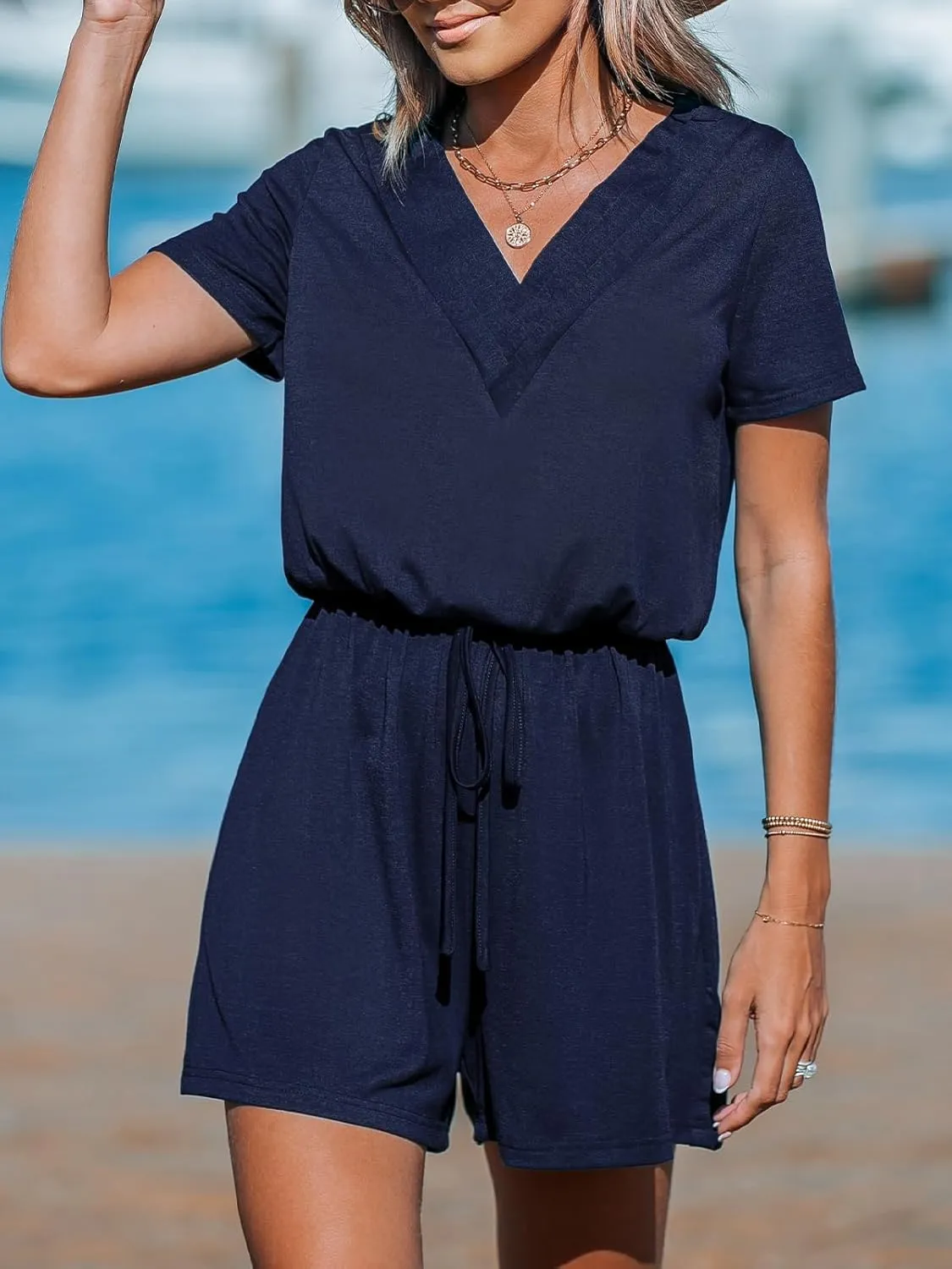 CUPSHE Women's Rompers V Neck Drawstring Jersey Jumpsuits Short Sleeve Overall Wide Leg Outfit Casual Beach