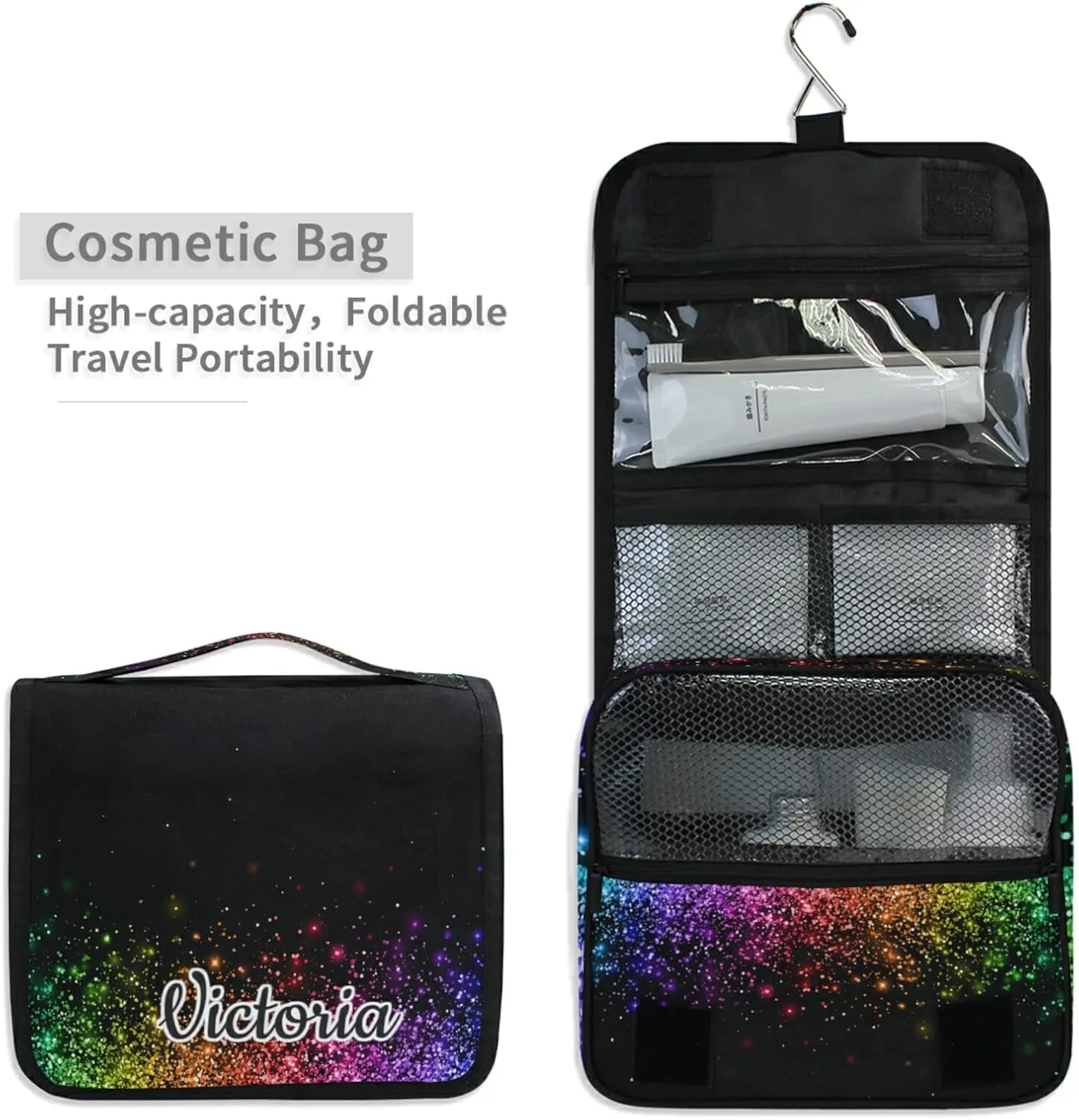 Custom Colorful Glitter PATTERN Travel Hanging Toiletry Bag Personalized Makeup Large Customized Cosmetic Bag Makeup Case Waterproof for Full Sized Container Toiletries
