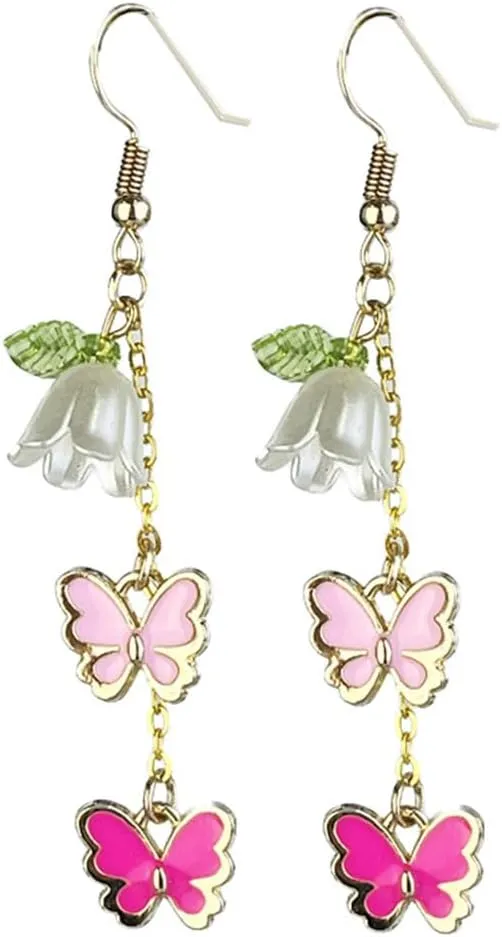 Cute Butterfly Shell Pearl Flower Leaf Dangle Drop Earrings for Women Gold Plated Pink Enamel White Fairy Floral Animal Long Tassel Satement Dangling Hypoallergenic Lightweight Holiday Jewelry