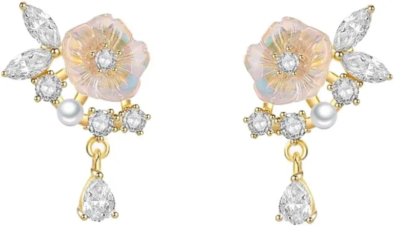 Cute Floral Cubic Zirconia Flower Pearl Stud Earrings for Women 925 Sterling Silver Post Teardrop Small Dangle Drop Studs Hypoallergenic Fashion Jewelry Gift