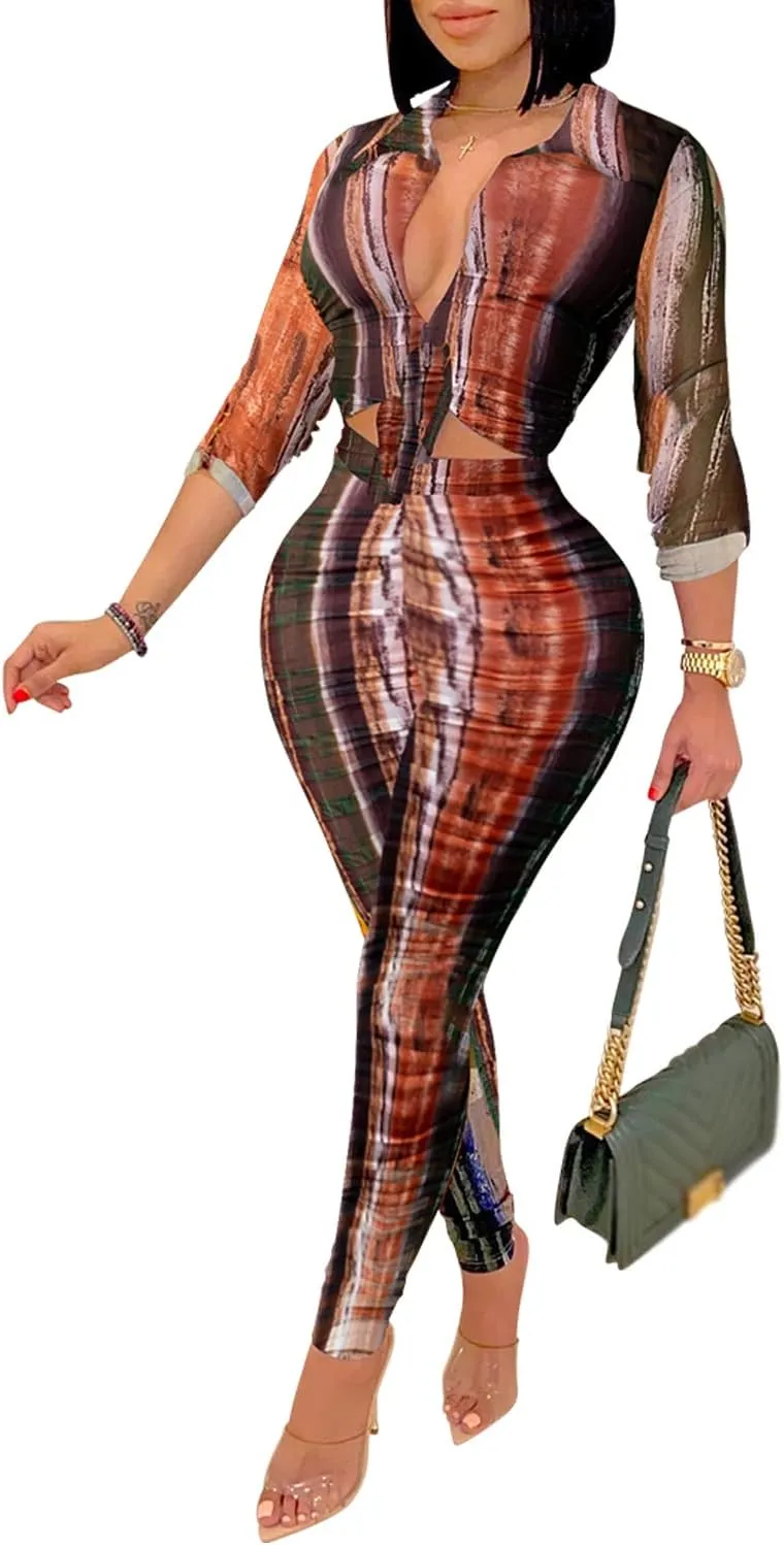 CUTUBLY 2 Piece Sexy Bodycon V Neck Two Piece Outfits for Women Printing Jumpsuit Rompers Short Pants Set