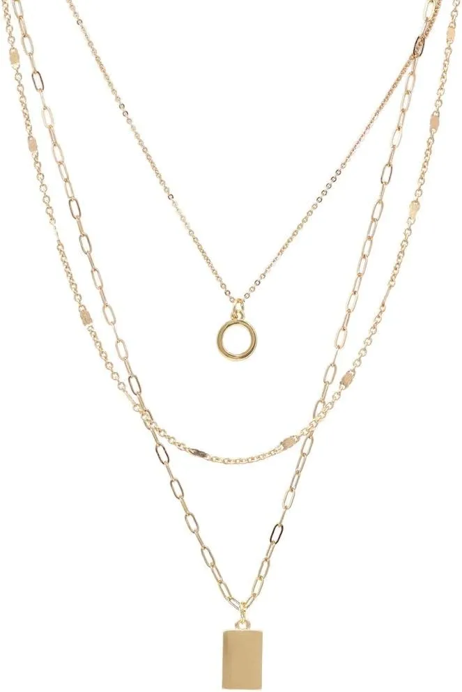Dainty 3 Layered Charm Necklace Set Gold Connected With A Detangler Clasp, Modern Paperclip Chain Layered Necklace (2.SILVER/Circle andBar)