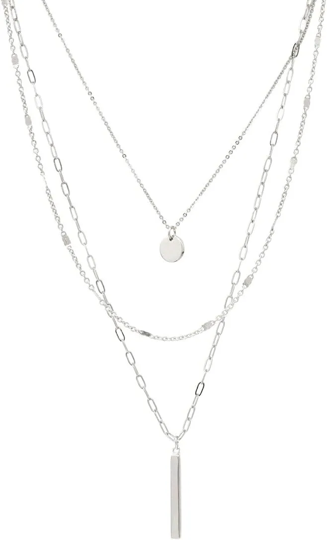 Dainty 3 Layered Charm Necklace Set Gold Connected With A Detangler Clasp, Modern Paperclip Chain Layered Necklace (2.SILVER/Circle andBar)