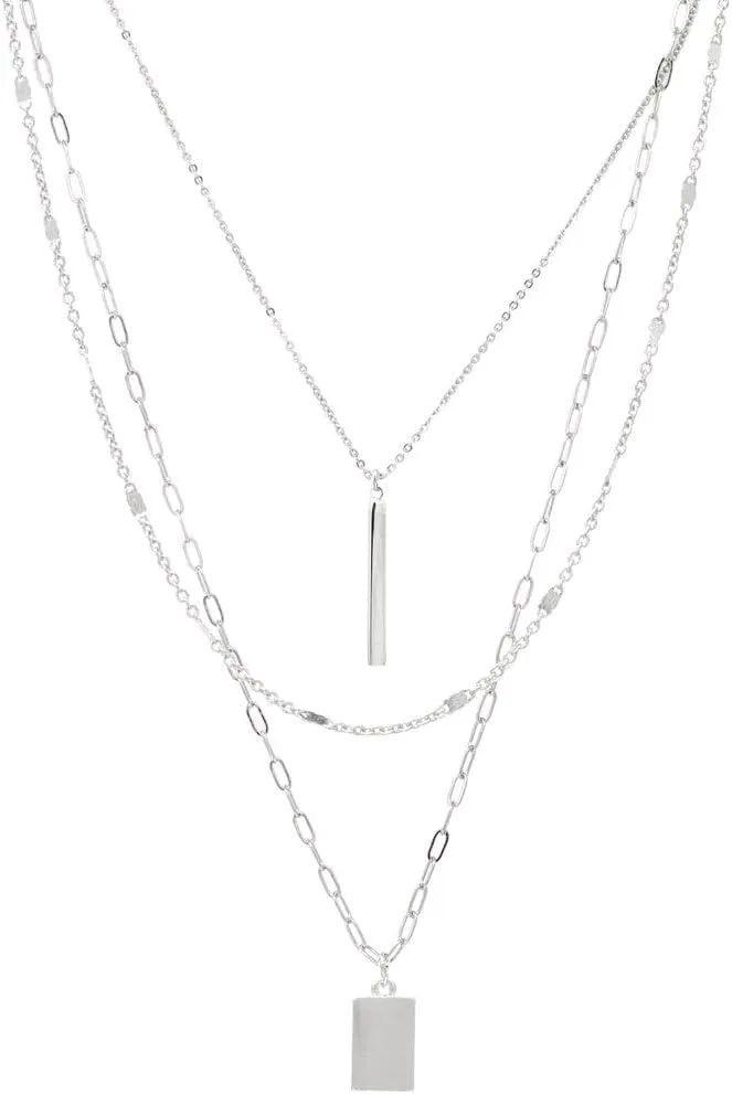 Dainty 3 Layered Charm Necklace Set Gold Connected With A Detangler Clasp, Modern Paperclip Chain Layered Necklace (2.SILVER/Circle andBar)