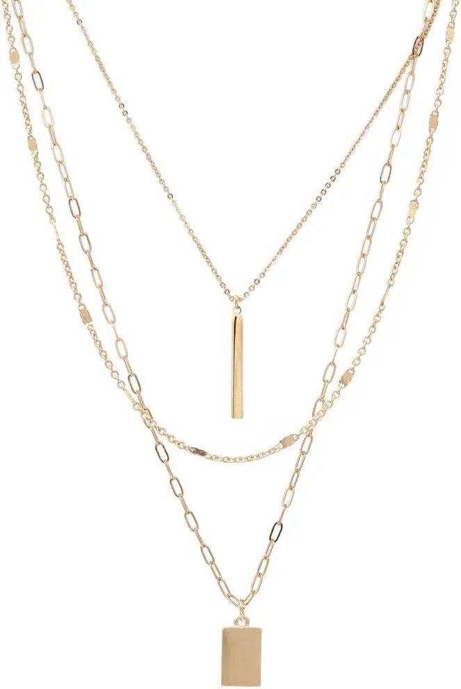 Dainty 3 Layered Charm Necklace Set Gold Connected With A Detangler Clasp, Modern Paperclip Chain Layered Necklace (2.SILVER/Circle andBar)