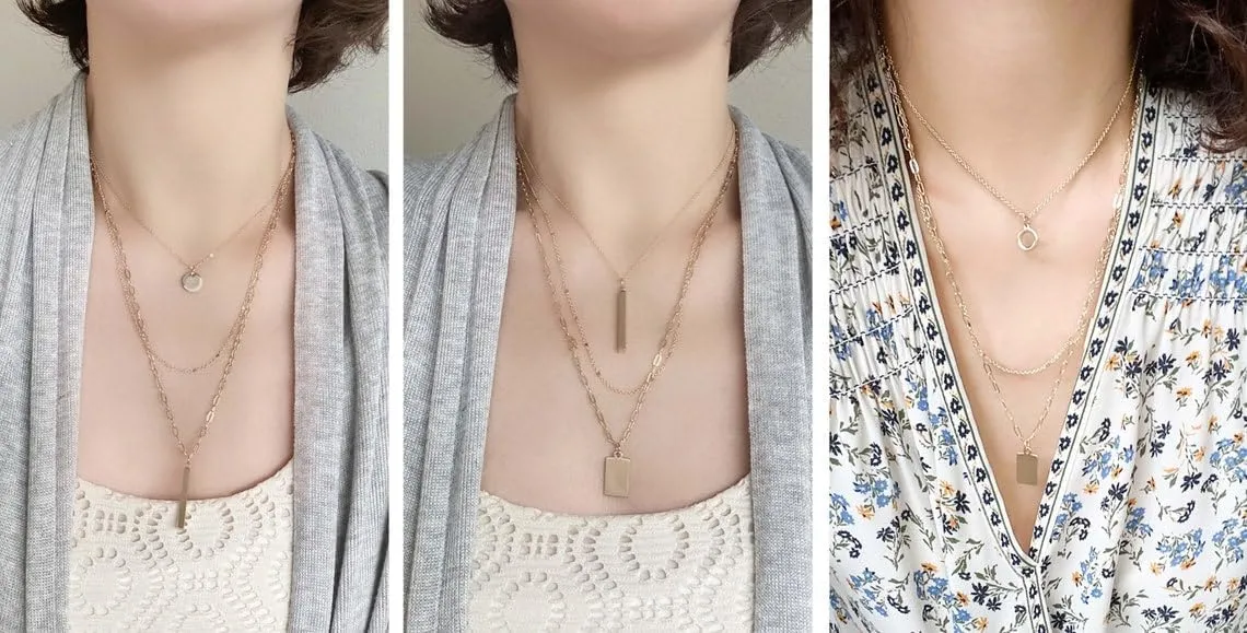 Dainty 3 Layered Charm Necklace Set Gold Connected With A Detangler Clasp, Modern Paperclip Chain Layered Necklace (2.SILVER/Circle andBar)