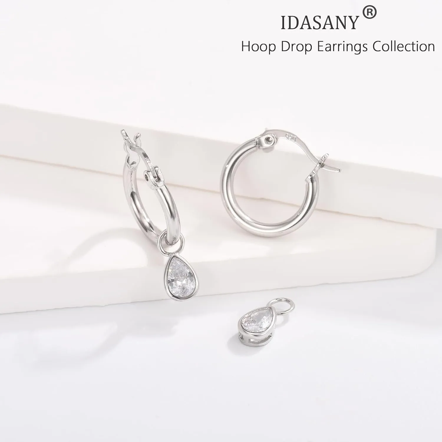 Dangle Hoop Earrings for Women, 925 Sterling Silver Hoop Earrings with Charms Tiny Baguette Round Teardrop Trio Cubic Zirconia Pearl Drop Dangling Cartilage Helix Tragus Diamond Jewelry Gifts