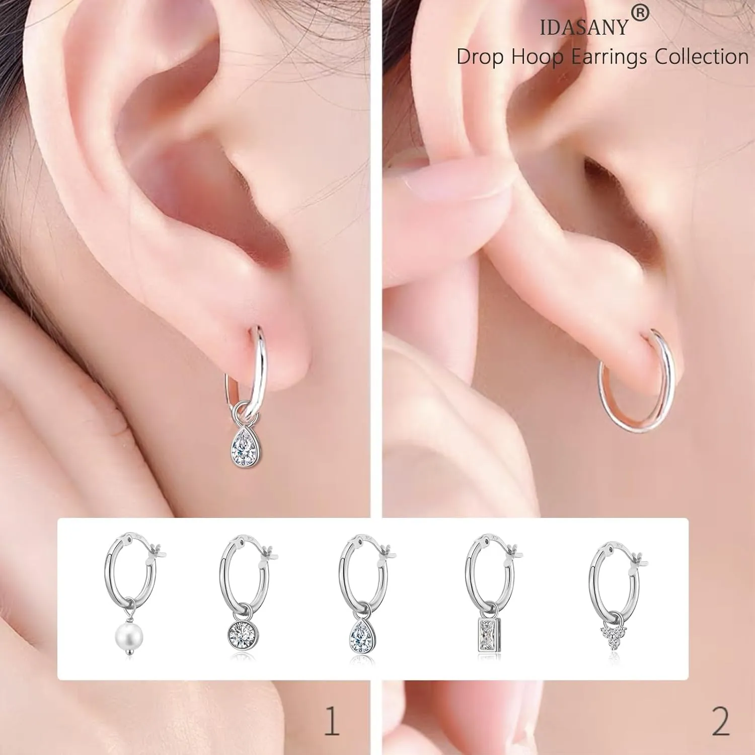 Dangle Hoop Earrings for Women, 925 Sterling Silver Hoop Earrings with Charms Tiny Baguette Round Teardrop Trio Cubic Zirconia Pearl Drop Dangling Cartilage Helix Tragus Diamond Jewelry Gifts