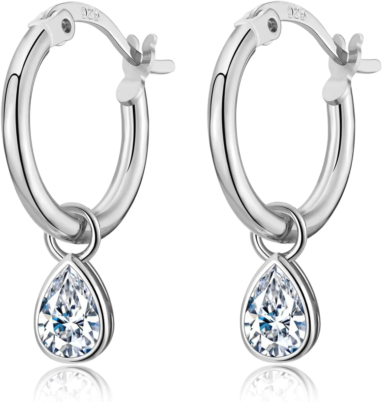 Dangle Hoop Earrings for Women, 925 Sterling Silver Hoop Earrings with Charms Tiny Baguette Round Teardrop Trio Cubic Zirconia Pearl Drop Dangling Cartilage Helix Tragus Diamond Jewelry Gifts