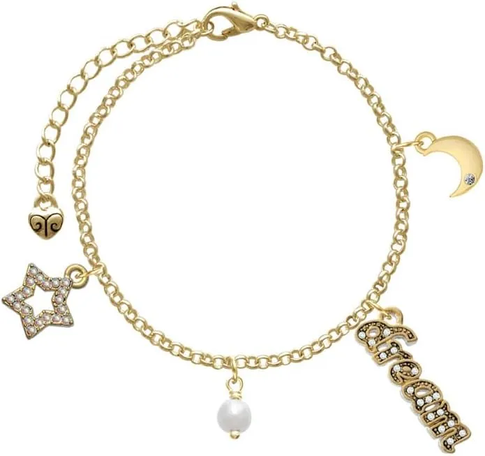 Delight Jewelry Plated 6mm Glass Imitation Pearl Bead Drop - Goldtone Dream Big Charm Bracelet, 7.5 2" Extender